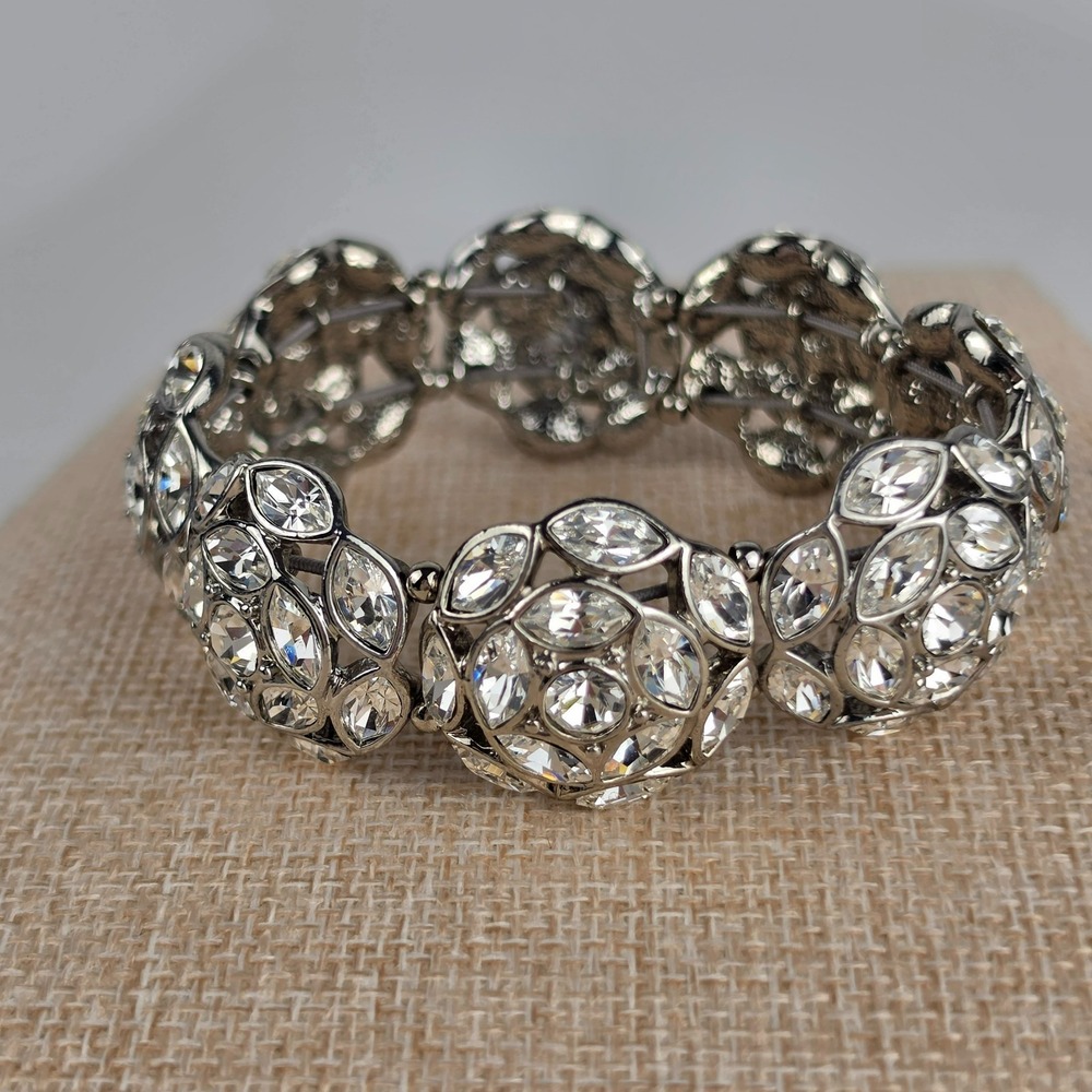Silver Tone Rhinestone Cluster Stretch Bracelet Domed‎ Statement